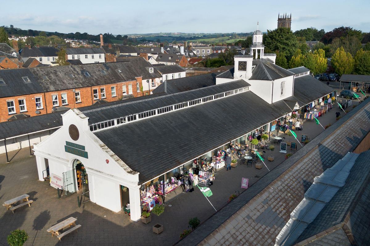 Tiverton Pannier Market from above, with stalls trading under its covered walkways