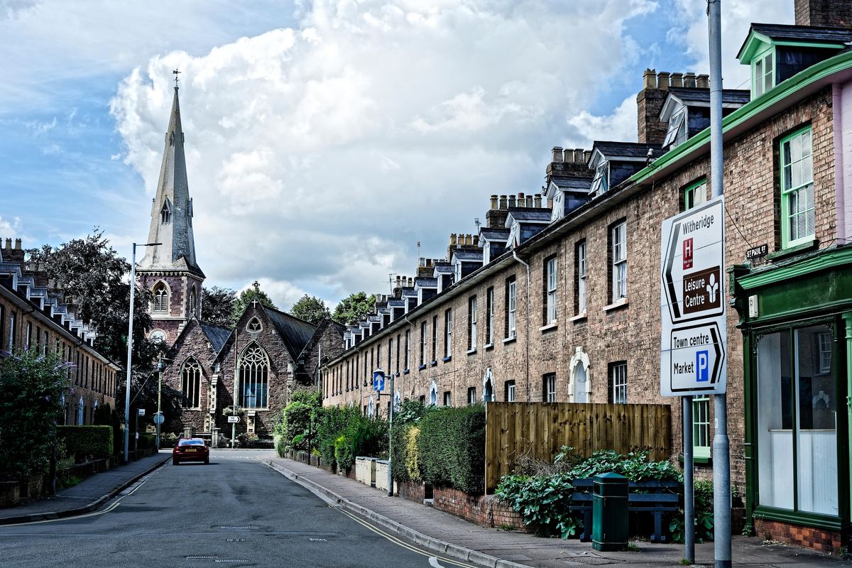 St Paul’s Church spire above the terraced houses of St Paul’s Street, Tiverton