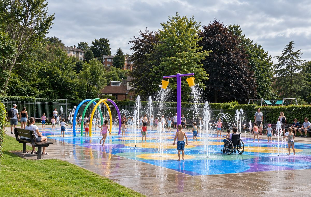 Concept illustration of an accessible splash park with fountains, water arches and children playing, including a child in a wheelchair